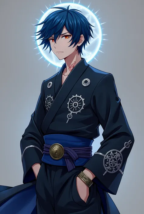 **Hayato Toshikame **  is a 21-year-old ,  with an intimidating and serene presence ,  typical of someone who carries the weight of destiny on their shoulders . he has **blue-haired**  that seem to reflect light like an ancient clock ,  short and slightly ...