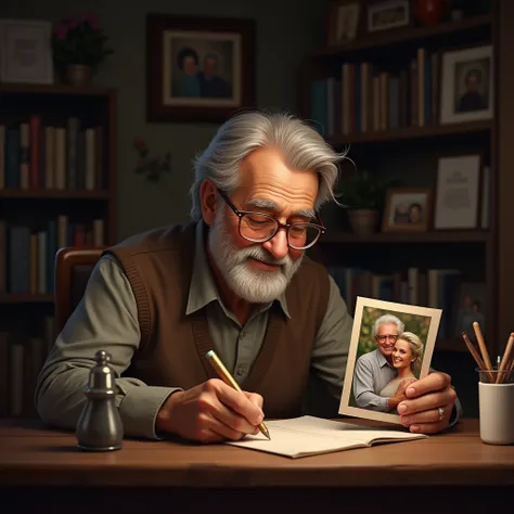 An elderly man writing a card at a desk, smiling as he looks at a picture of him and the girl.