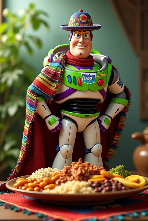 Buzz Lightyear in Colombian clothing with Bandeja Paisa