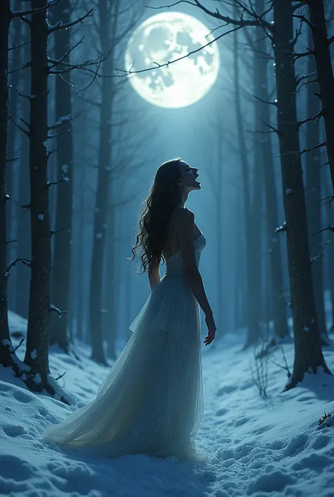 a sexy woman being transformed into a werewolf by the full moon, howling at the moon, nighttime, snowy forest, 1girl, solo