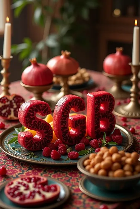 An Iranian Yalda dinner table with the letters SGB displayed in pomegranates