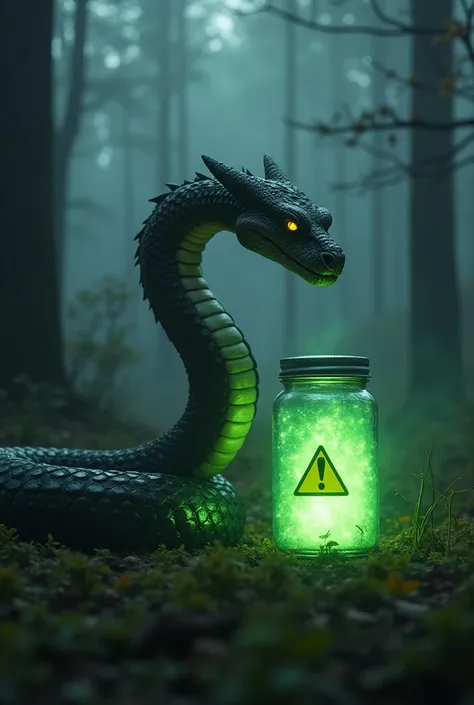 I want to modify this prompt

A dense forest with a foggy atmosphere, featuring a realistic and menacing black cobra in the foreground.

The cobra is coiled and curiously inspecting a glowing glass jar filled with bright green liquid. The jar has a yellow ...