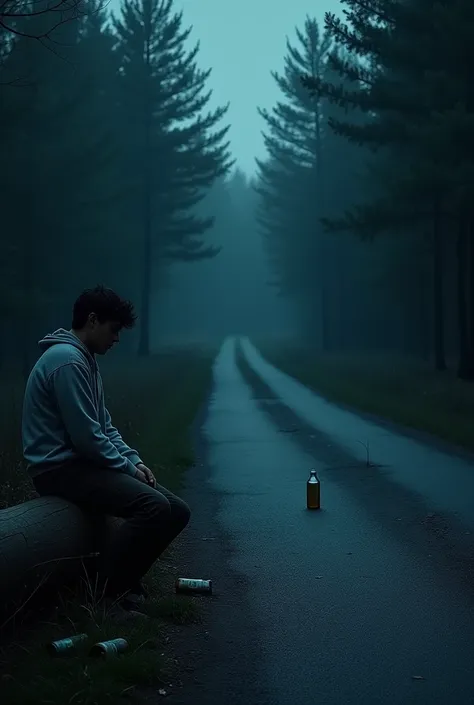  A night scene on a rural road surrounded by trees . The spirit of a young man is sitting on a log on the side of the road, ,  empty bottles scattered on the floor.  The atmosphere is mysterious and charged with tension 