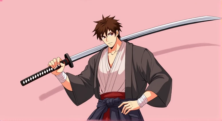 1boy, bandages, brown hair, haori, japanese clothes, katana, male focus, manly, midriff sarashi, over shoulder, pink theme, red theme, samurai, sarashi, solo, sword, sword over shoulder, weapon, weapon over shoulder