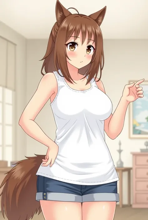 By fumiko, by hyattlen, by hioshiru, Jaiden, female brown wolf, brown eyes, long brown hair, pony tail, brown wolf tail, cute snout, black nose, tall and curvy, thicc, wearing white tank top, jean shorts, indoors, simple background, 