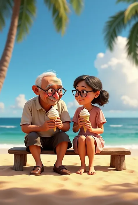 Carl and Ellie from Up eating ice cream in the beach