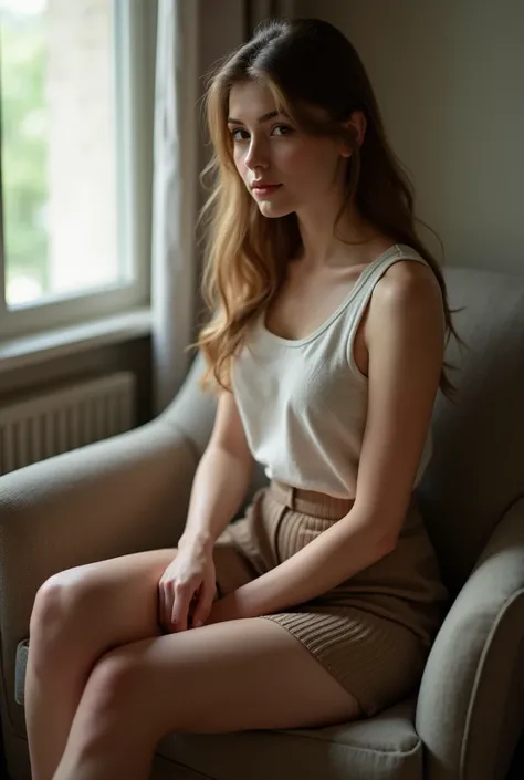 Photorealistic image of a young woman sitting on a chair, wearing a short skirt, her legs slightly apart. The camera angle is low, emphasizing her thighs. She is in a well-lit room, detailed textures, soft focus