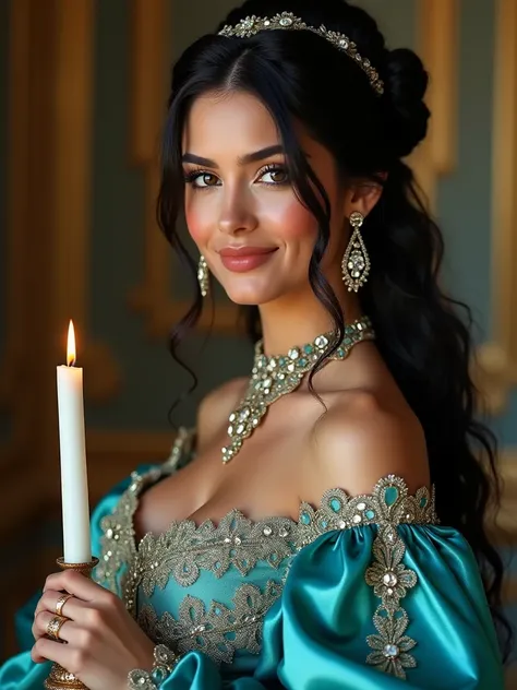 Create an image of a woman black long hair striking eyes smiling face dressed turquise in an elaborate, historical costume with intricate lace and gemstone details,shimmering holding a lit candle, set against a luxurious interior background. The woman shou...