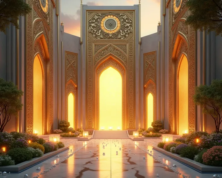 "A majestic scene of the seven gates of Jannah: each gate uniquely crafted from shimmering gold, silver, and precious gemstones, glowing with a soft, divine light. The gates stand tall, framed by intricate Islamic geometric patterns and celestial motifs, r...