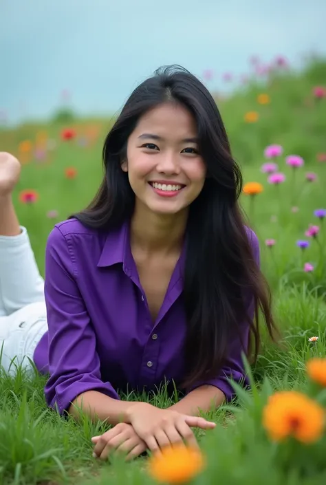  A beautiful Indonesian woman with long black hair ,wearing a bright dark purple shirt , white jeans , lying on beautiful and green grass ,decorated with flowers,latar rumput hijau decorated with flowers dan langit yang biru,real poto,HD