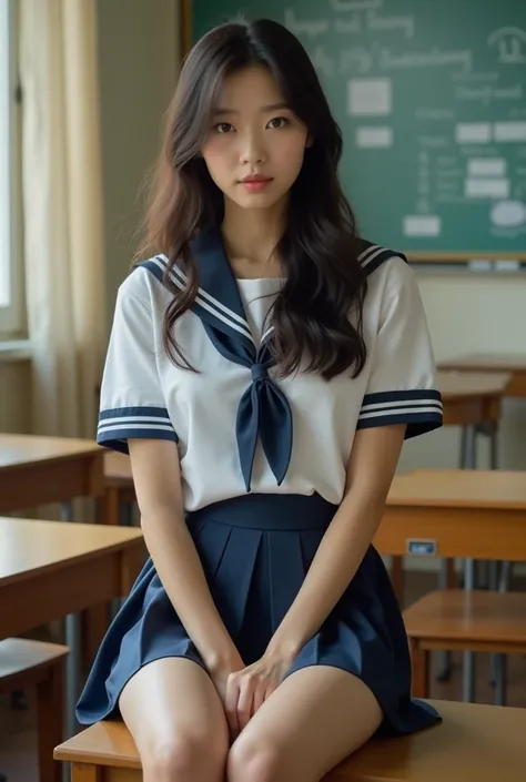 woman in a school uniform sitting on a desk, her legs slightly open. The camera angle is positioned at her eye level, but the skirt is short enough to expose her thighs clearly. The lighting highlights her skin tone and the texture of the fabric