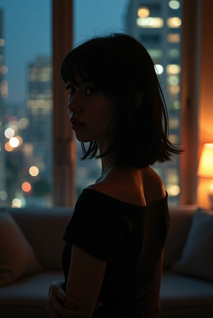 Make an image that looks real, dark and exact: in a luxurious room, a luxurious apartment with large windows in the city, the light of the city because it is night in the living room there are two people in the living room: a very white 18-year-old girl wi...