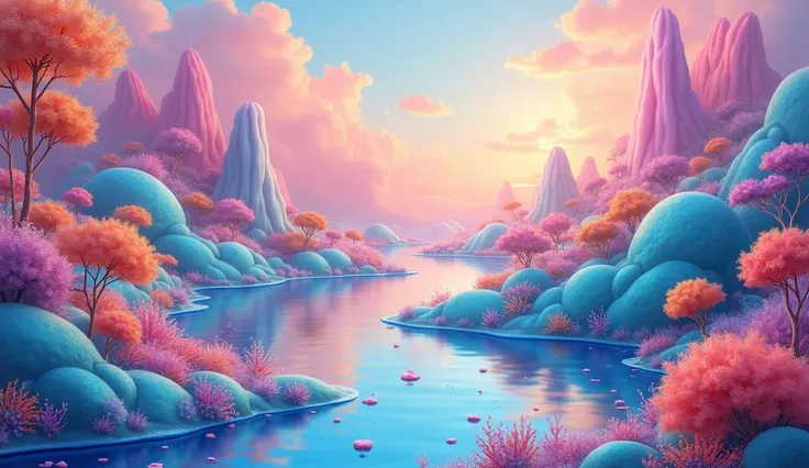 a surreal landscape of pools of vivid color scattered across a delicate, dreamlike world, soft pastel hues blending seamlessly, reflected in serene waters, surrounded by ethereal flora, whimsical shapes and forms, atmospheric depth, inspired by the artisti...