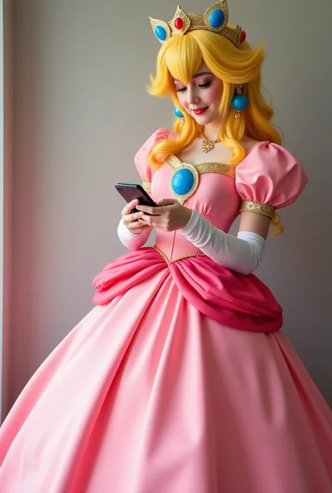 a close up of a person in a pink dress on a cell phone, cosplay, anime cosplay, cosplayer, high quality costume, princess peach), professional cosplay, cosplay of a catboy! maid! dress, publicity cosplay, full-cosplay, loli, anime girl cosplay, princess pe...