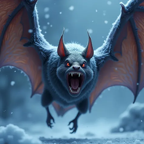 A terrifyingly large bat with leathery, frost-covered wings and sharp, ice-encrusted fangs. Its wings are spread wide as it screeches in rage, its glowing red eyes piercing the icy night. The frozen sky is full of swirling snowflakes.