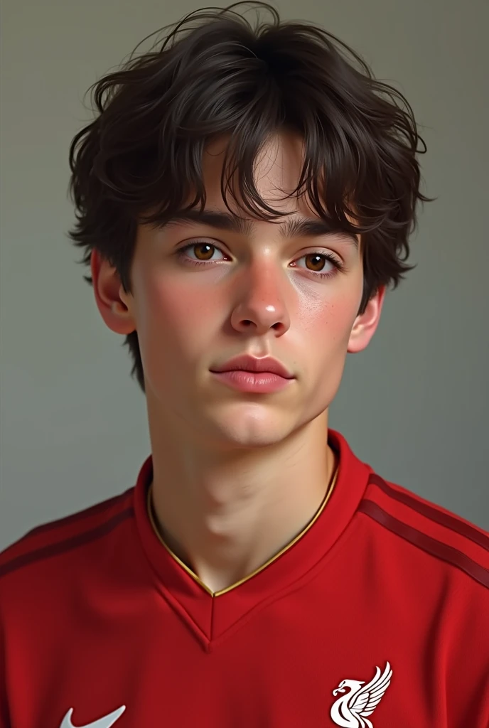 Generate a realistic picture:  18 year boy with a  big pretty darkbrown eyes, black medium-long hair with very light bangs, in a liverpool jersey 