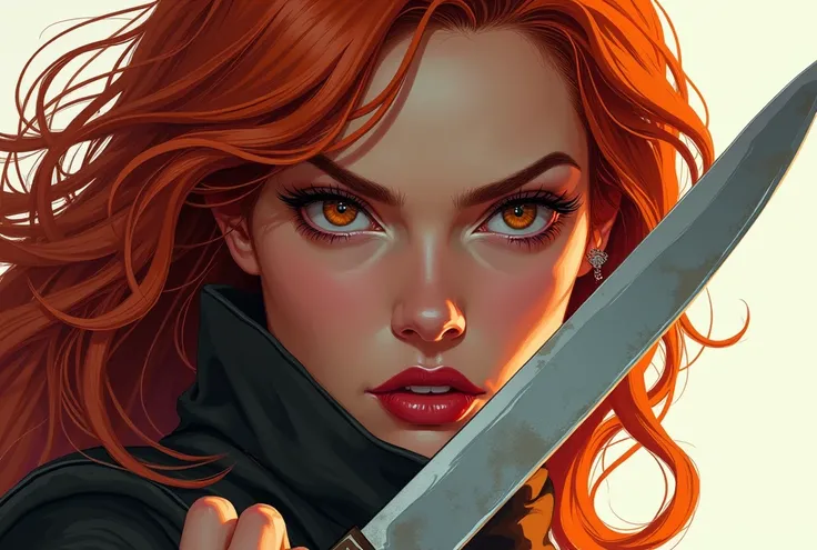 Close-up of a woman with a knife in her hand, by David Boyd , Frank Cho,  very beautiful berserk woman , As depicted in Top Cow Comics,  by Jason Felix, red haired goddess,  Alexander Fedosav ,  axe wielding , beautiful comic art , Craig Thompson ,  by Jua...