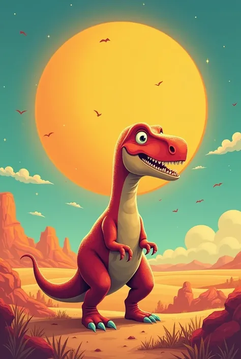 please make a image of retro vibe image with a dino and sun in dimensions of 4134px width and 224px height 