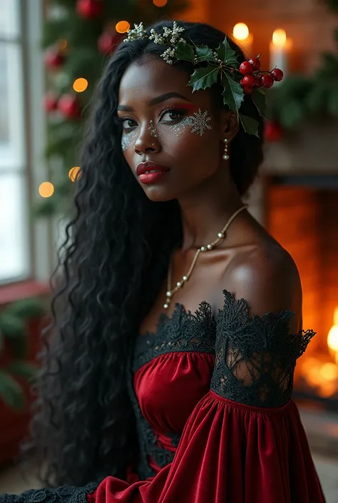 A black woman raven in Christmas clothes and theme