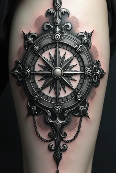 Tatto of a stray s compass with goth esthetic ornaments 