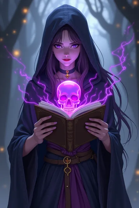  in anime style, Make a woman half an elf ,  who is a necromancer magician with a more serious expression with a book of magic and a purple light that forms a skull,  the clothes cover most of her body 