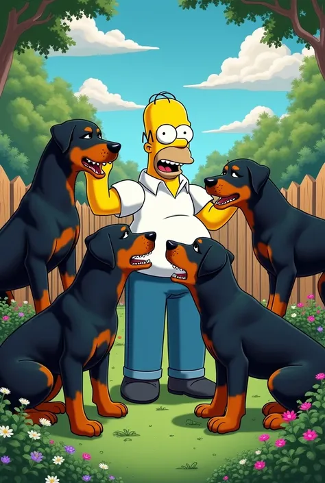 Homer Simpson ,with 4 Rottweilers in the garden 