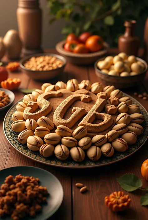 Yalda dinner table with large pistachios and the letters SGB in the shell, realistically and taken from a high angle