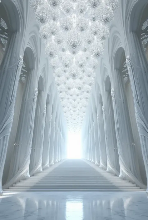  
An immense and vast hall  ,   illuminated by a floating crystal chandelier  ,   with white pillars that resemble ancient trees intertwined with silver.   This room is the stage for real events ,  a large double-sided staircase ,  the floor is made of whi...