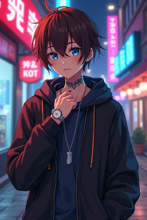 mach von mir ein Anime Bild in einer Neon City (  I am male have brown hair and blue eyes ,  am 166cm tall , wear oversize  ,Hairdresser is a short bangs cut, And I have tattoos  , I have a silver chain and a silver watch).  mach 