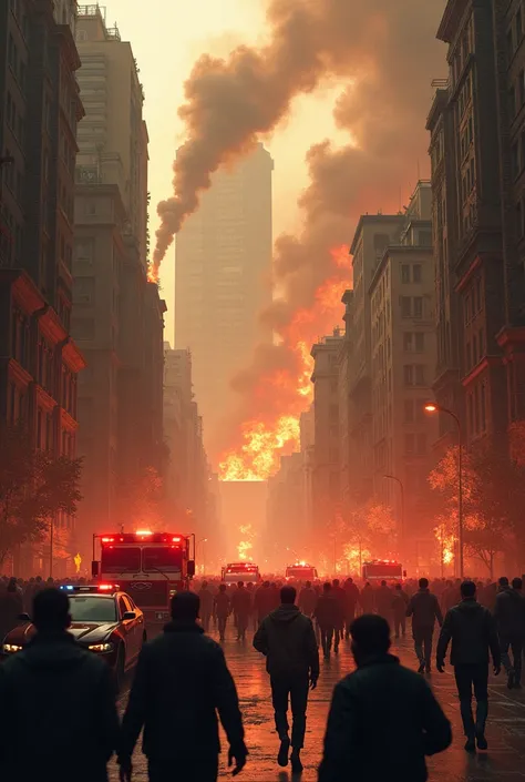  ruined city, buildings are burning , people are running in different directions .  Police and fire trucks are standing.Theres smoke in the sky .