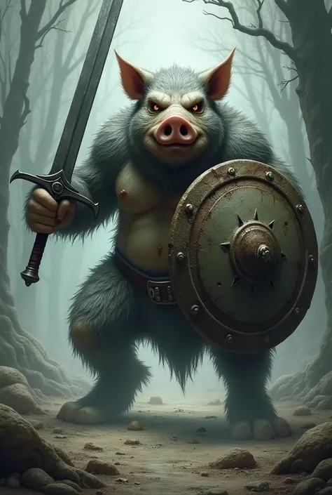 pig-faced monster holding sword and shield, gray
stunting
Not realistic