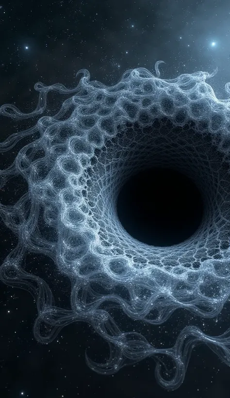 a visualization of quantum particles splitting near a black hole’s edge - hyper realistic