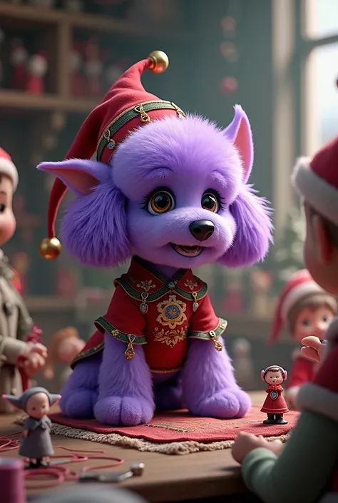 A purple-haired Bichon dog  , Wearing elf clothes ,  at Santa Clauss factory to make dolls , 