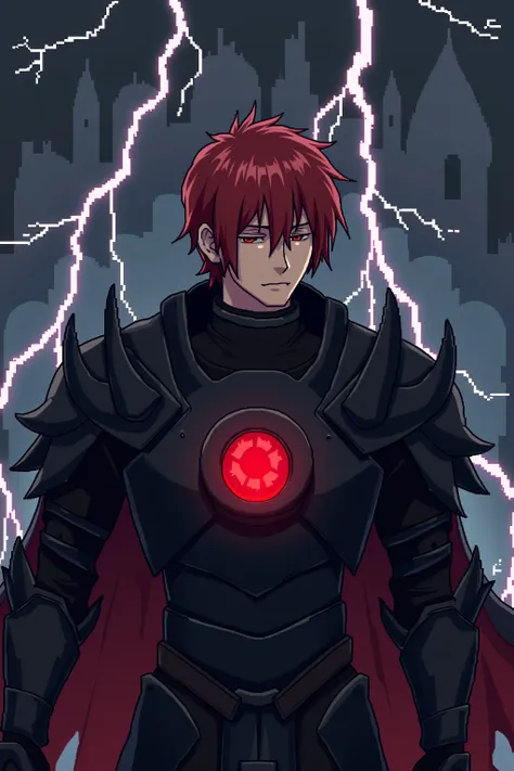 anime pixel art rpg, pixel art, red hair, black armor with a red glow on the chest, man, strong, , lightning everywhere, no beard, black armor, darker, dark castle behind, lightning anime , ombreiras mais pontudas
