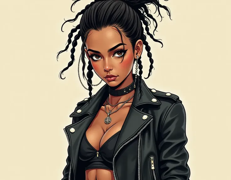  Create an illustration of a female punk punk with indigenous Brazilian traits.  She stands up with a calm and confident expression , wearing a black leather jacket with rivets 