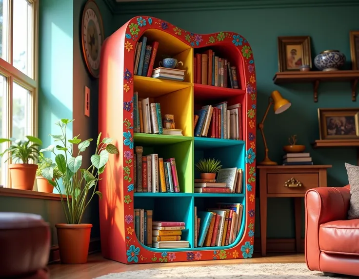 a comic bookcase with rainbow colors