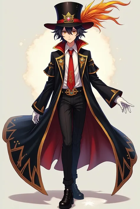 A teenage asian boy wearing a black tophat with jewels and a phoenix feather,  long draping black overcoat with golden lining designs, black pants, white shirt, red tie, golden monacle around the eye and black shoes, magic, realistic, white gloves, nice ey...