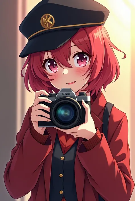 anime girl with a camera and a hat on, kantai collection style, anime style mixed with fujifilm, ig studios anime style, attractive matoi ryuko, by Kamagurka, loli, anime moe artstyle, lolish, [[[[grinning evily]]]], junko enoshima, noire photo, waifu