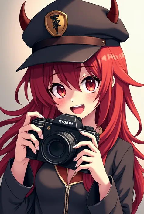 anime girl with a camera and a hat on, kantai collection style, anime style mixed with fujifilm, ig studios anime style, attractive matoi ryuko, by Kamagurka, loli, anime moe artstyle, lolish, [[[[grinning evily]]]], junko enoshima, noire photo, waifu，Devi...