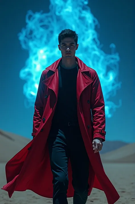 Medium size white male with short black hair wearing black shirt with black pants and Red trench coat standing in the desert at night with blue energy in the sky