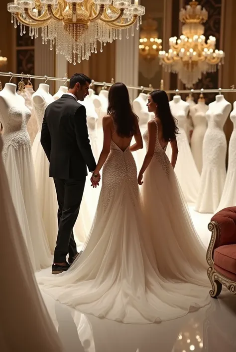 Generate hyper-realistic image of cristiano Ronaldo and his wife and Messi his wife purchasing bridal dresses in bridal shop 