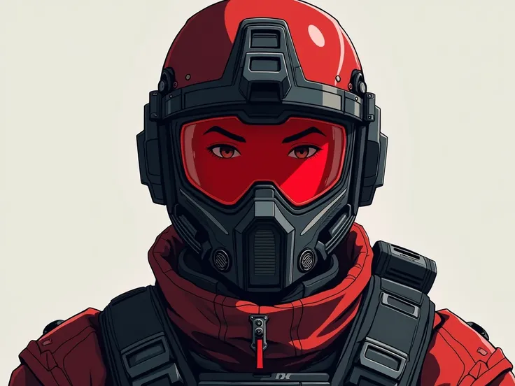 Draw a man , teenager ,  anime style , wearing full face masks , red and black,  wearing a red and black tactical military helmet , wearing a black and red tactical military suit,  full body