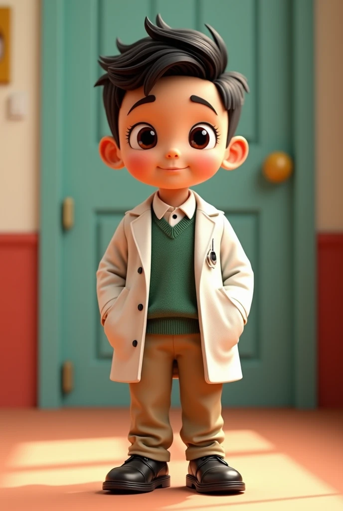 boy disney pixar 3d style with doctors coat, white polo shirt , moss green long sleeve sweater,  beige ,  black shoes.  black hair, 