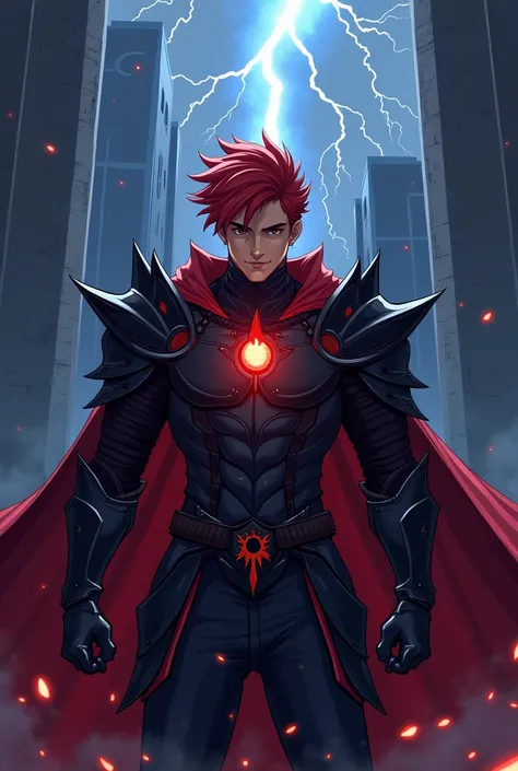 anime pixel art rpg, pixel art, red hair, black armor with a red glow on the chest, man, strong, , lightning everywhere, no beard, black armor, darker, dark castle behind, lightning anime , ombreiras mais pontudas
