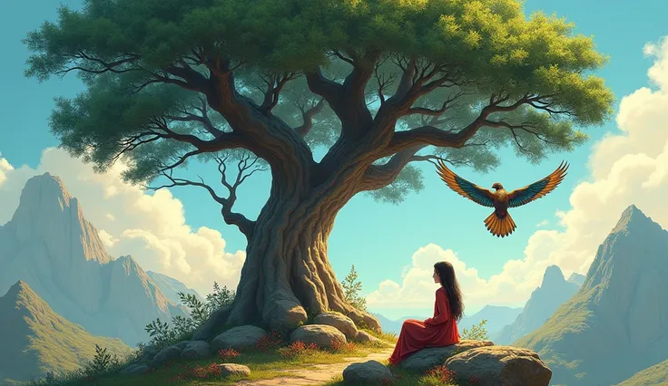 A large juniper tree with a large bird above it and a woman sitting underneath it, illustrations of imaginary colors 