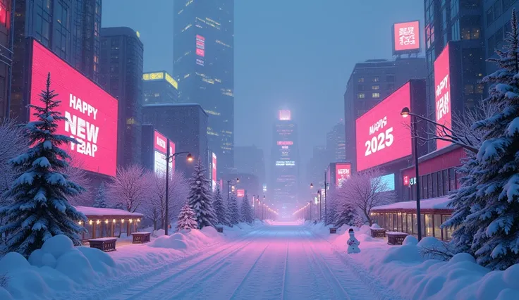 a scene of morning dawn in the city, cityscape, two big LED screens are displaying Happy New Year and 2025, neon lights, trees covered by snow, winter foliage, snowmen, snowy ground, beautiful atmosphere, 8k, photorealistic, vibrant colors, cinematic light...