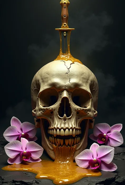   I would like you to generate a cover for my book with the following characteristics,   black background,   golden liquid , And a skull with a knife stuck in the skull is flowing , with small orchid flowers Cattleya  