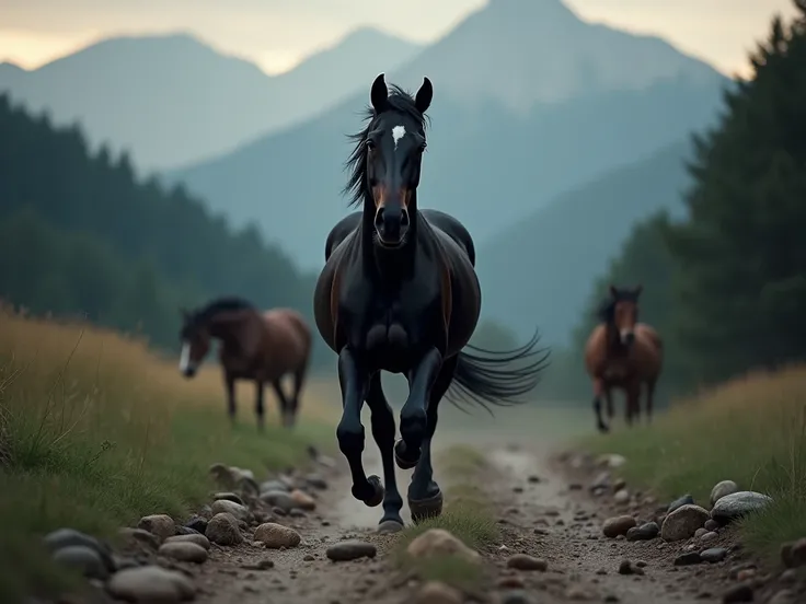  at dusk . it rains a lot. we see a black horse galloping alone .  he runs down a dirt road and rocks.  the landscape is beautiful in the middle of the forest , Between Valleys and Mountains . blurred in the background , We see other horses . 
