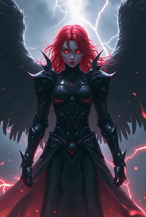 anime ,  red hair ,  red eyes  ,lightning , Darkness Flying Big Black Plate Armor ( without wings ) 