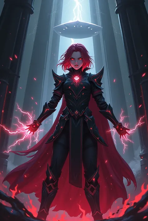 anime ,  red hair ,  red eyes  ,lightning , Darkness Flying Big Black Plate Armor ( without wings )
Bottom , black castle , tall black pillars